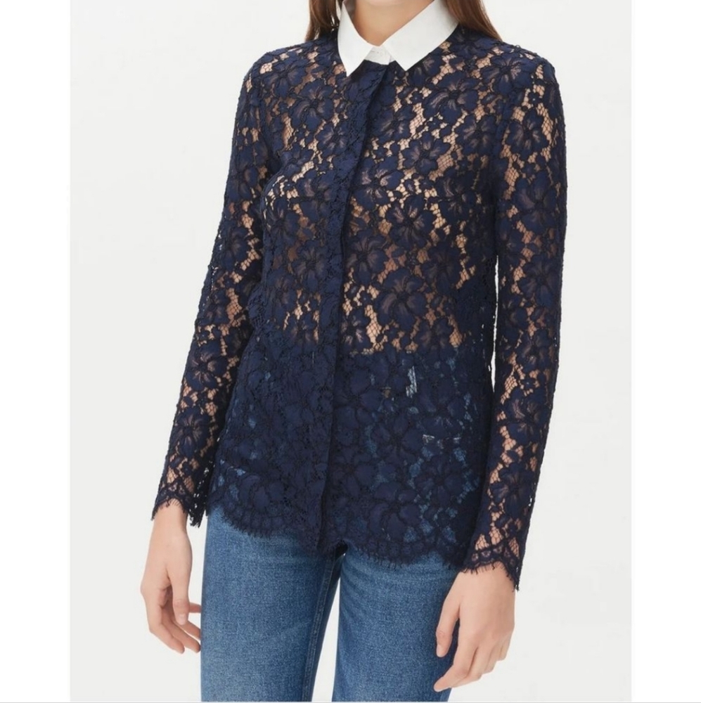 NWT Sandro Celia Lace Button Up Shirt Collar Navy White 1/ Small